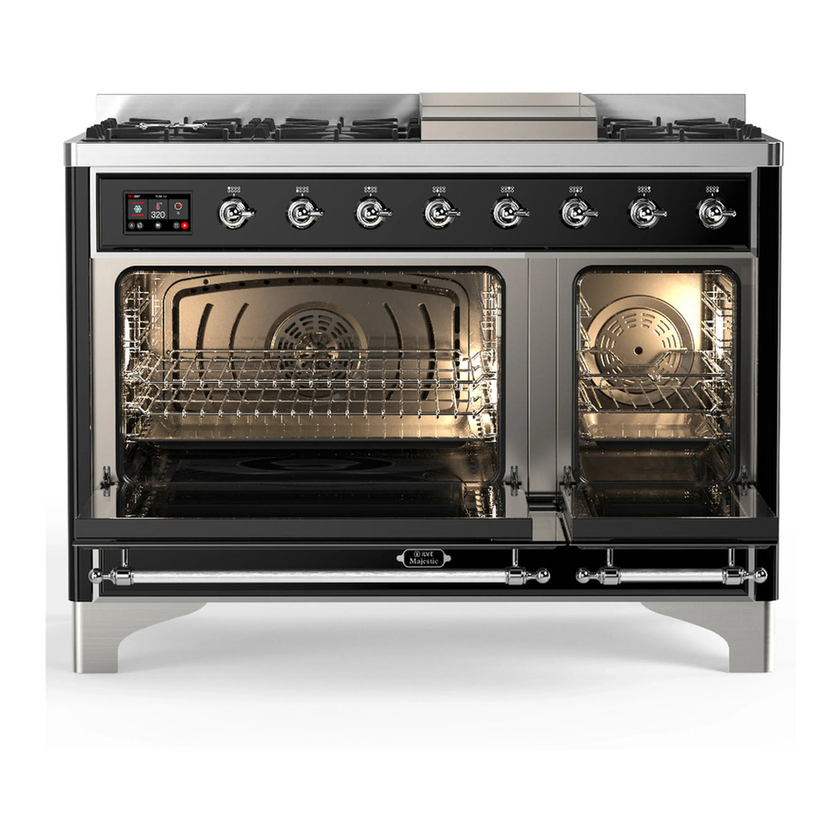 ILVE Majestic III 48-inch Dual Fuel Range with 5 Liquid Propane Burner, Griddle and Solid Door Electric Oven in Glossy Black with Chrome Trim (UM48FQNR3BKCLP)