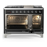 ILVE Majestic III 48-inch Dual Fuel Range with 5 Liquid Propane Burner, Griddle and Solid Door Electric Oven in Glossy Black with Chrome Trim (UM48FQNR3BKCLP)