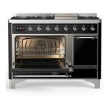 ILVE Majestic III 48-inch Dual Fuel Range with 5 Liquid Propane Burner, Griddle and Solid Door Electric Oven in Glossy Black with Chrome Trim (UM48FQNR3BKCLP)
