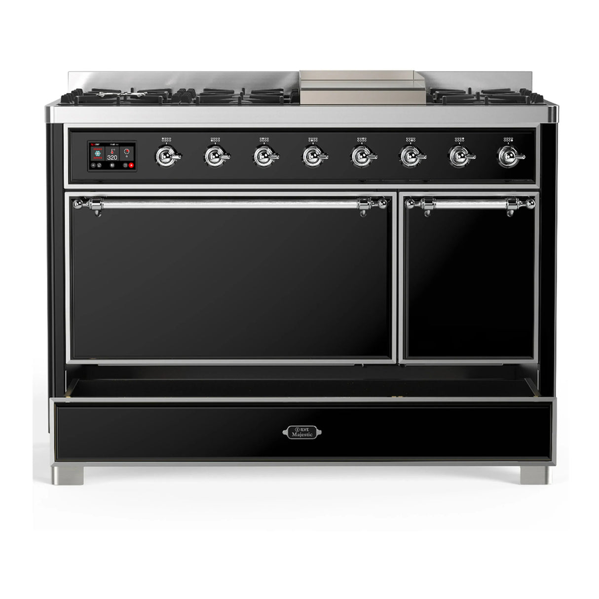 ILVE Majestic III 48-inch Dual Fuel Range with 5 Liquid Propane Burner, Griddle and Solid Door Electric Oven in Glossy Black with Chrome Trim (UM48FQNR3BKCLP)