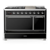 ILVE Majestic III 48-inch Dual Fuel Range with 5 Liquid Propane Burner, Griddle and Solid Door Electric Oven in Glossy Black with Chrome Trim (UM48FQNR3BKCLP)