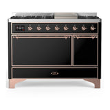 ILVE Majestic III 48-inch Dual Fuel Range with 5 Natural Gas Burner, Griddle and Solid Door Electric Oven in Glossy Black with Copper Trim (UM48FQNR3BKP)