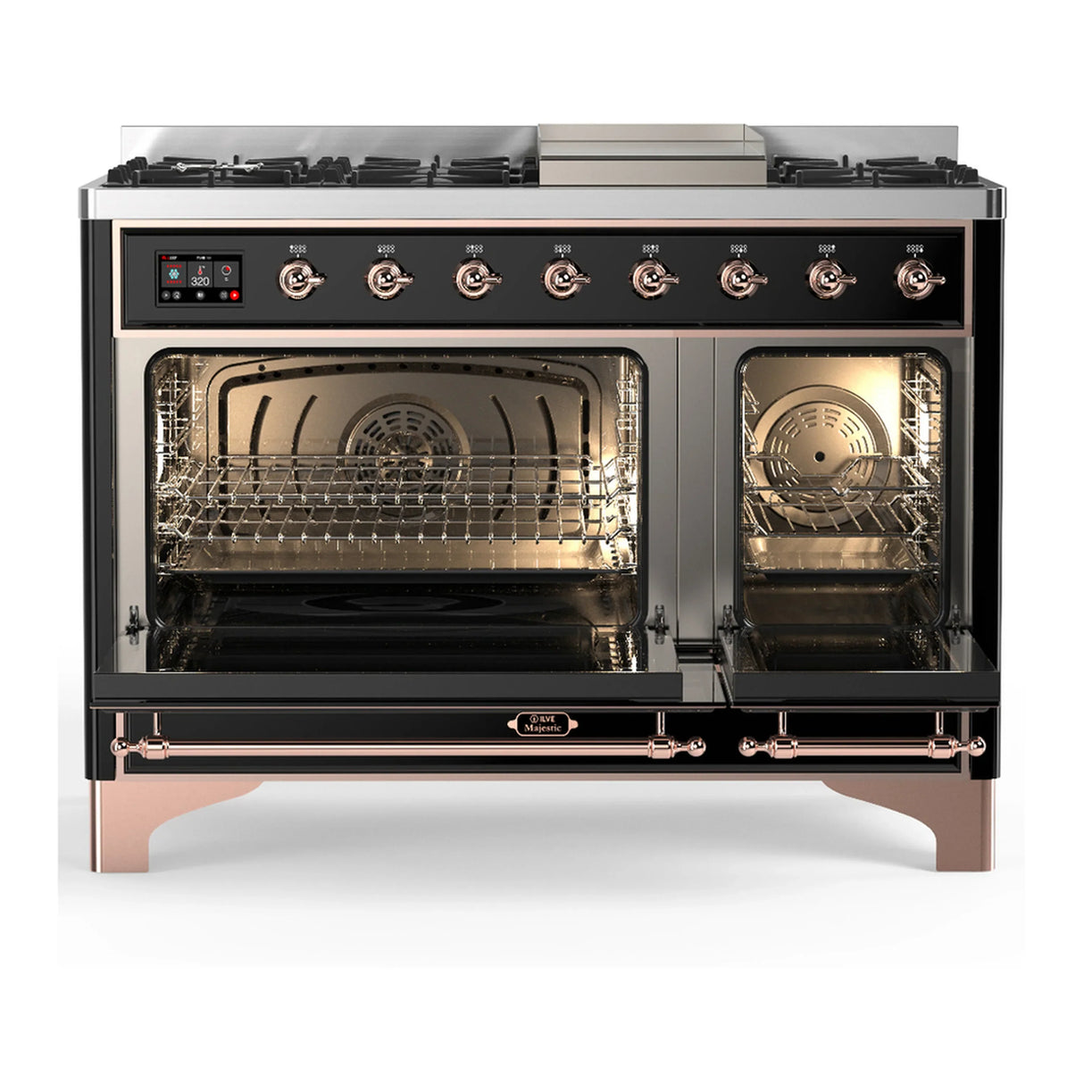 ILVE Majestic III 48-inch Dual Fuel Range with 5 Natural Gas Burner, Griddle and Solid Door Electric Oven in Glossy Black with Copper Trim (UM48FQNR3BKP)