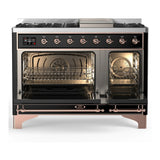ILVE Majestic III 48-inch Dual Fuel Range with 5 Natural Gas Burner, Griddle and Solid Door Electric Oven in Glossy Black with Copper Trim (UM48FQNR3BKP)
