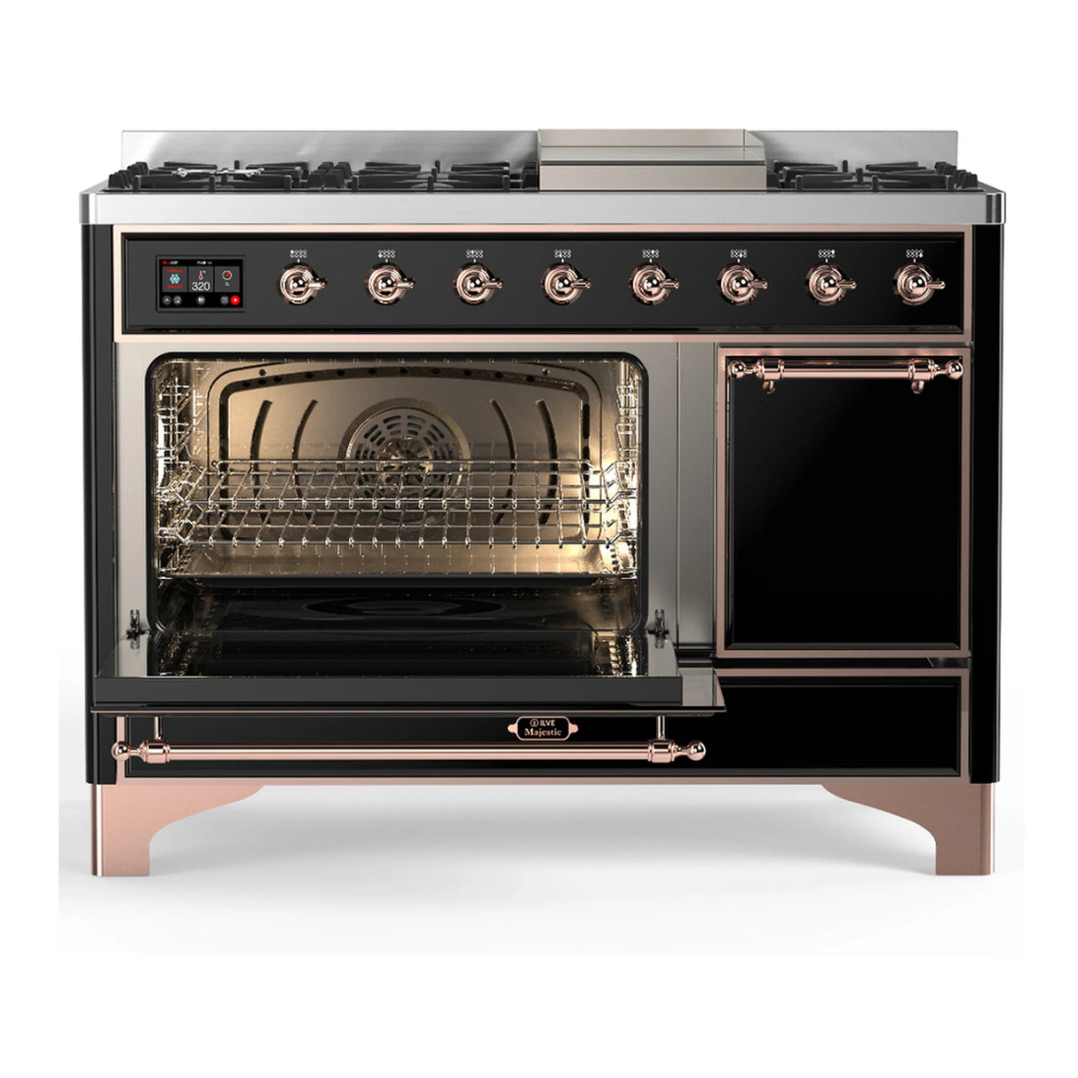 ILVE Majestic III 48-inch Dual Fuel Range with 5 Natural Gas Burner, Griddle and Solid Door Electric Oven in Glossy Black with Copper Trim (UM48FQNR3BKP)
