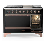 ILVE Majestic III 48-inch Dual Fuel Range with 5 Natural Gas Burner, Griddle and Solid Door Electric Oven in Glossy Black with Copper Trim (UM48FQNR3BKP)