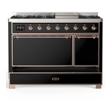 ILVE Majestic III 48-inch Dual Fuel Range with 5 Natural Gas Burner, Griddle and Solid Door Electric Oven in Glossy Black with Copper Trim (UM48FQNR3BKP)