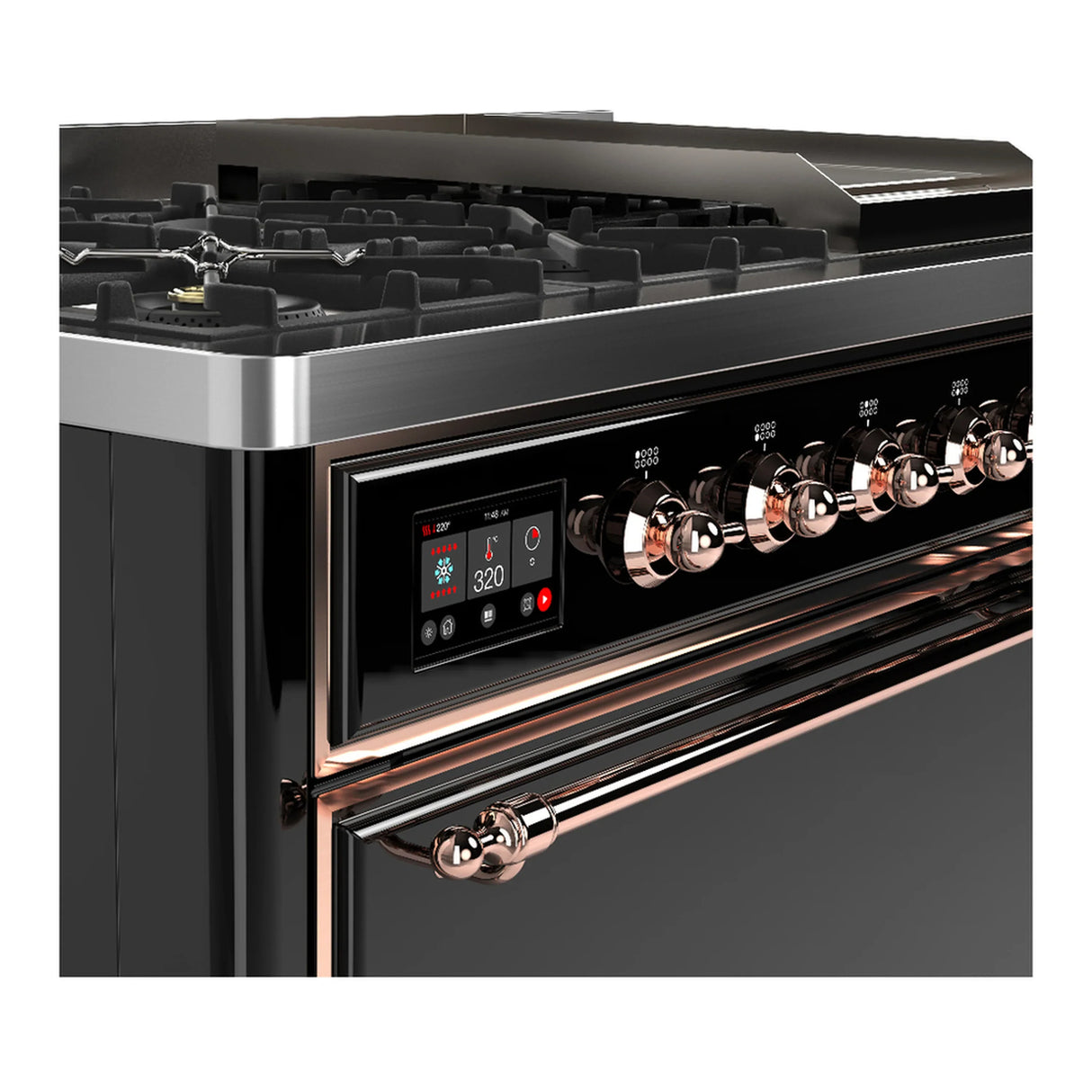 ILVE Majestic III 48-inch Dual Fuel Range with 5 Natural Gas Burner, Griddle and Solid Door Electric Oven in Glossy Black with Copper Trim (UM48FQNR3BKP)