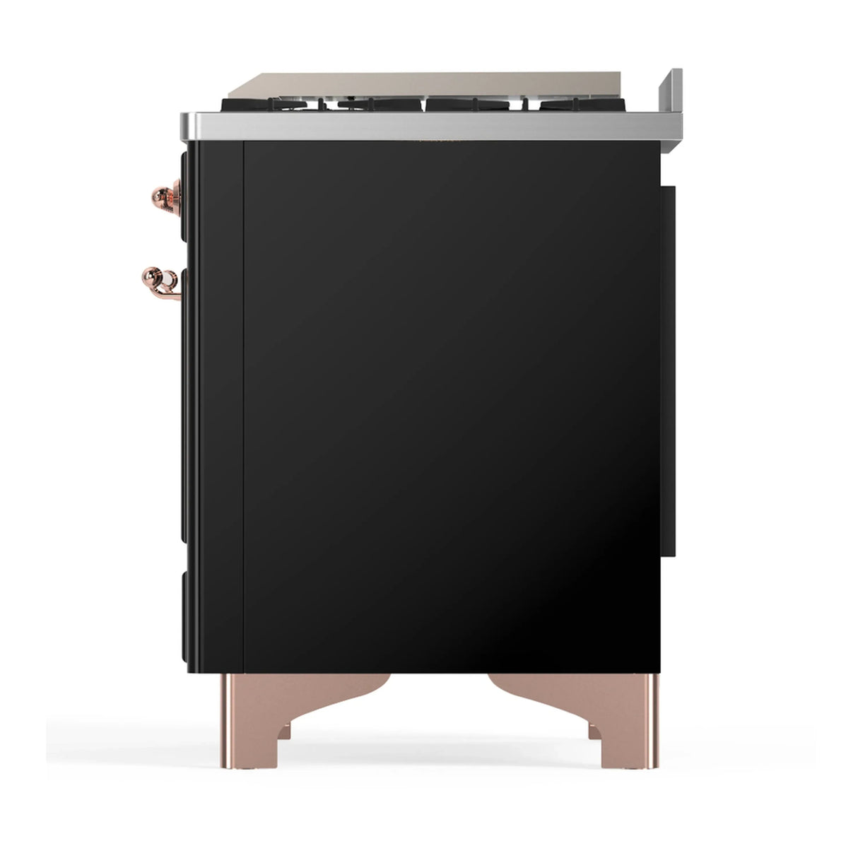 ILVE Majestic III 48-inch Dual Fuel Range with 5 Natural Gas Burner, Griddle and Solid Door Electric Oven in Glossy Black with Copper Trim (UM48FQNR3BKP)