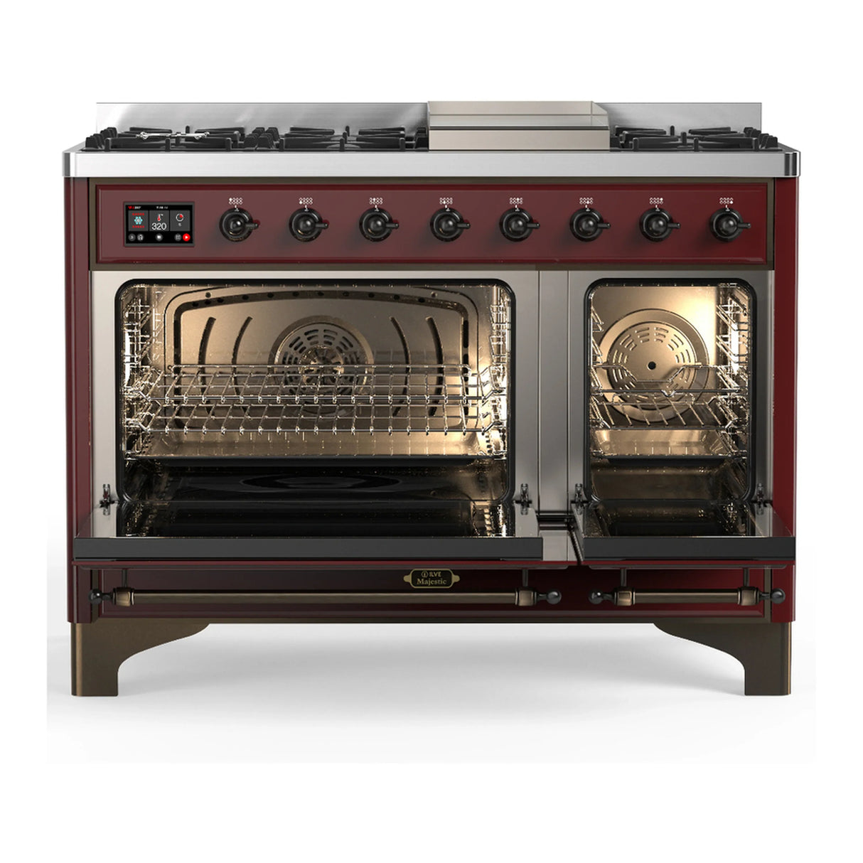 ILVE Majestic III 48-inch Dual Fuel Range with 5 Liquid Propane Burner, Griddle and Solid Door Electric Oven in Burgundy with Burnished Trim (UM48FQNR3BUBLP)