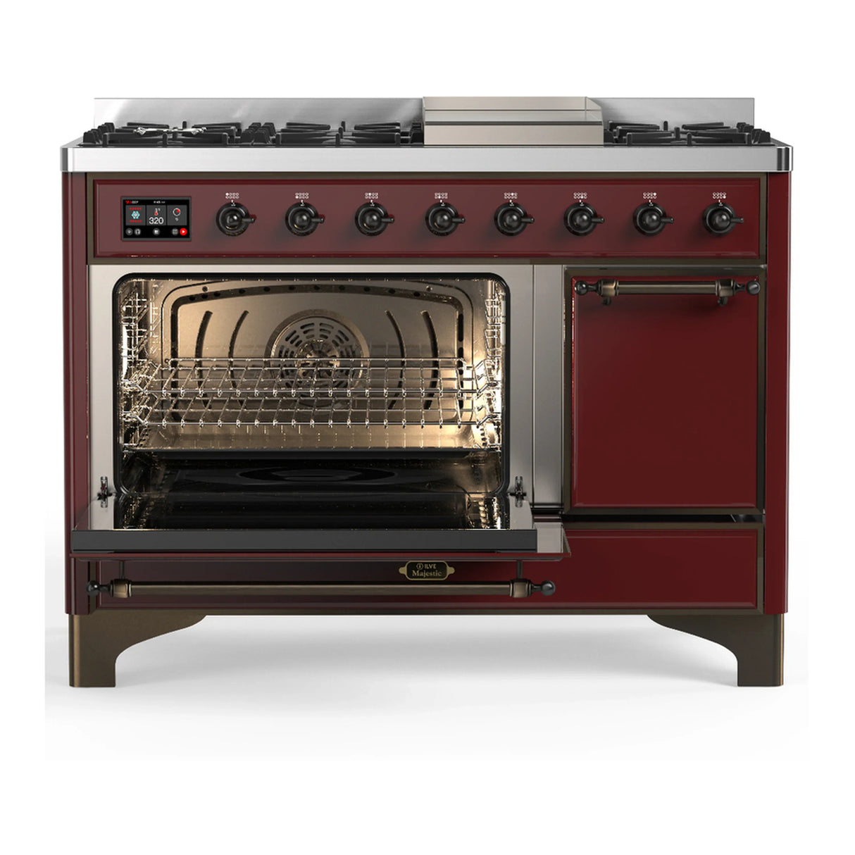 ILVE Majestic III 48-inch Dual Fuel Range with 5 Liquid Propane Burner, Griddle and Solid Door Electric Oven in Burgundy with Burnished Trim (UM48FQNR3BUBLP)