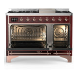 ILVE Majestic III 48-inch Dual Fuel Range with 5 Liquid Propane Burner, Griddle and Solid Door Electric Oven in Burgundy with Copper Trim (UM48FQNR3BUPLP)