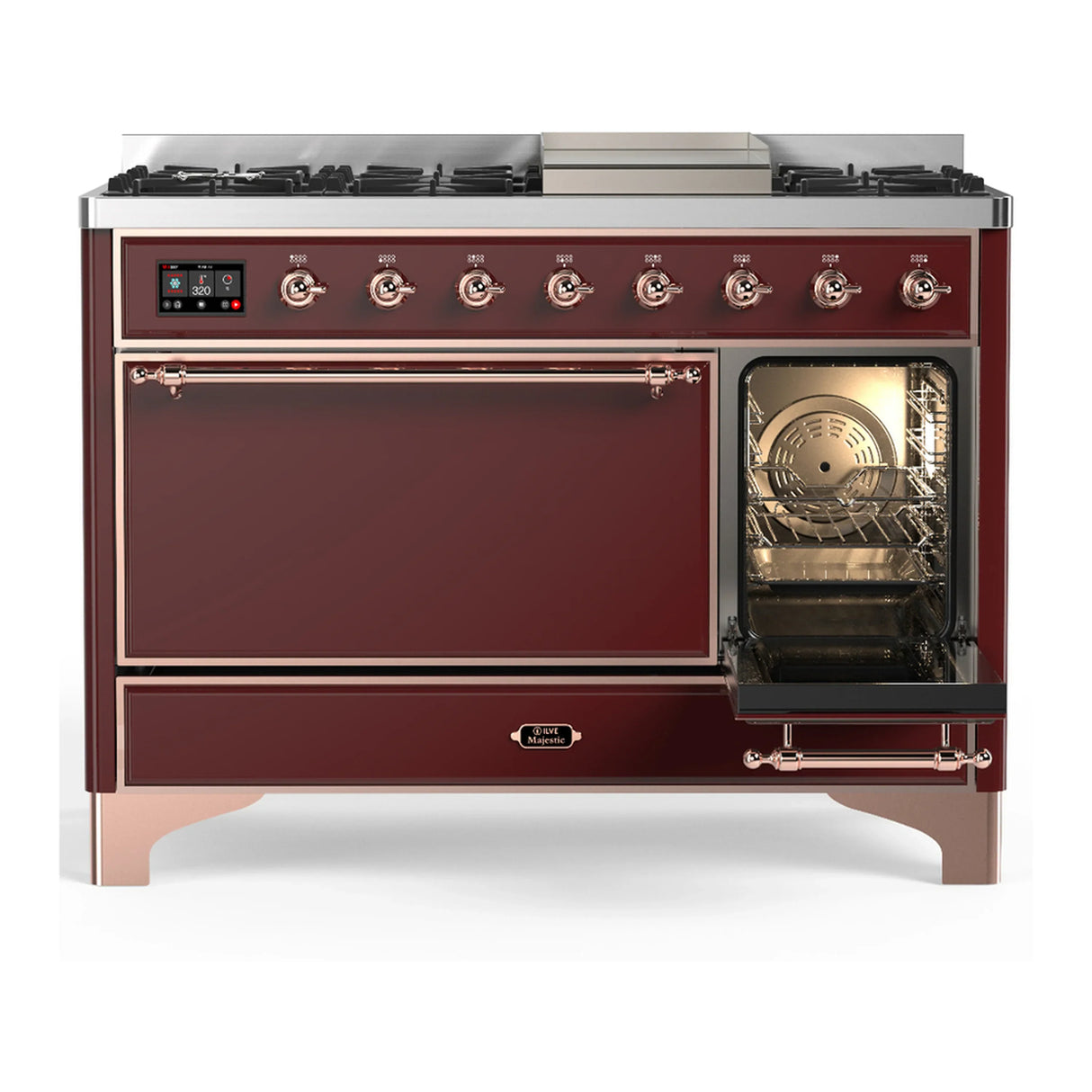 ILVE Majestic III 48-inch Dual Fuel Range with 5 Liquid Propane Burner, Griddle and Solid Door Electric Oven in Burgundy with Copper Trim (UM48FQNR3BUPLP)