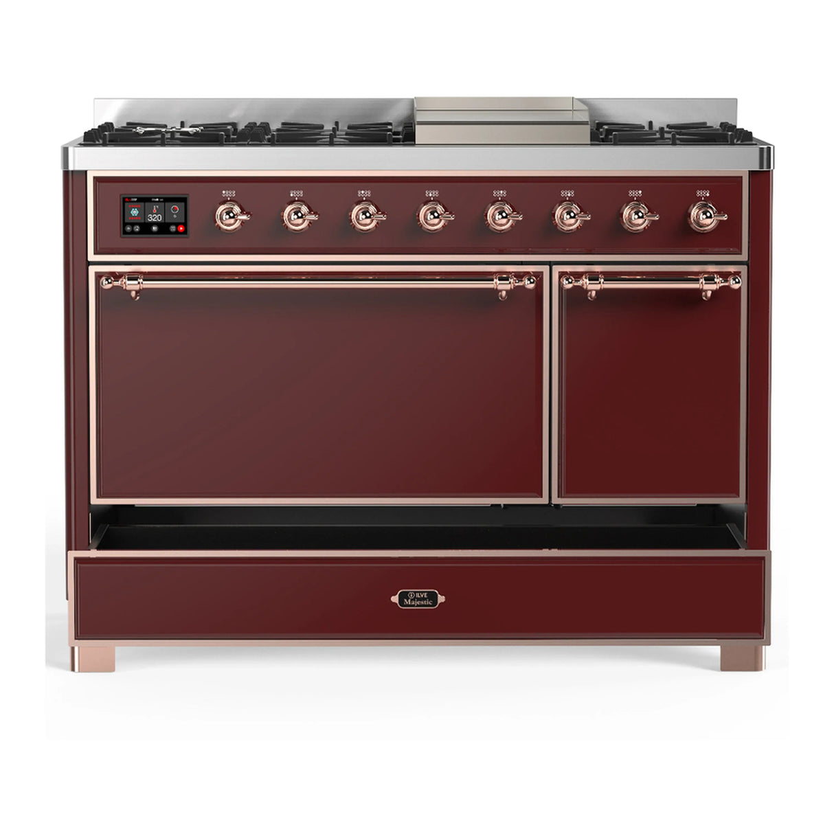 ILVE Majestic III 48-inch Dual Fuel Range with 5 Liquid Propane Burner, Griddle and Solid Door Electric Oven in Burgundy with Copper Trim (UM48FQNR3BUPLP)