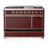 ILVE Majestic III 48-inch Dual Fuel Range with 5 Natural Gas Burner, Griddle and Solid Door Electric Oven in Burgundy with Copper Trim (UM48FQNR3BUP)