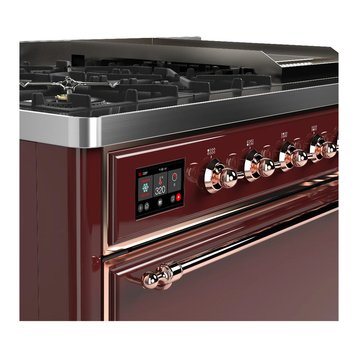 ILVE Majestic III 48-inch Dual Fuel Range with 5 Liquid Propane Burner, Griddle and Solid Door Electric Oven in Burgundy with Copper Trim (UM48FQNR3BUPLP)