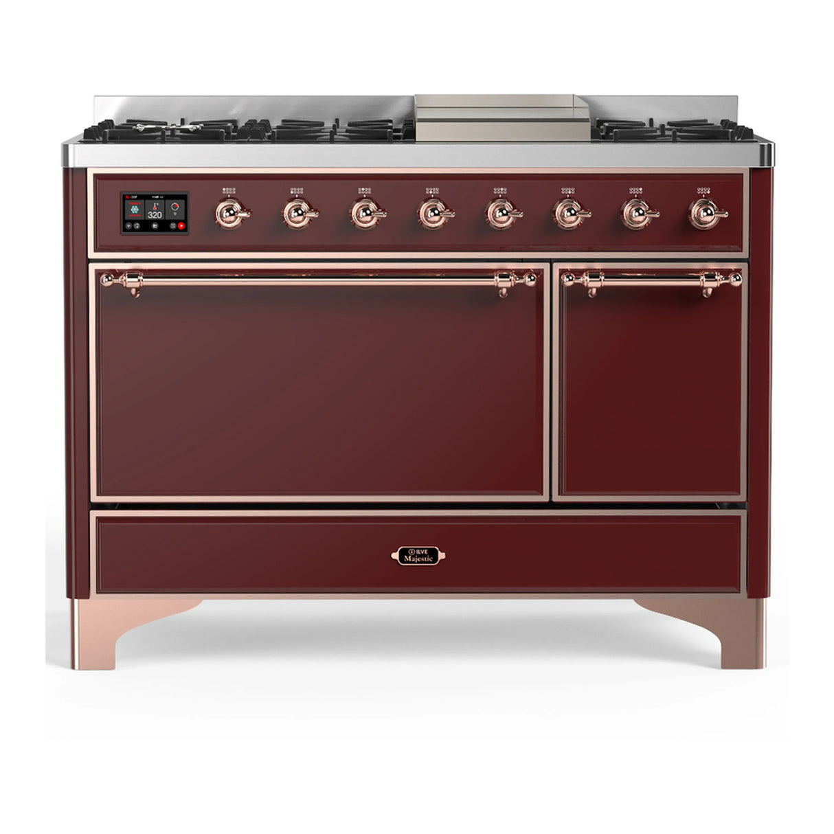 ILVE Majestic III 48-inch Dual Fuel Range with 5 Natural Gas Burner, Griddle and Solid Door Electric Oven in Burgundy with Copper Trim (UM48FQNR3BUP)