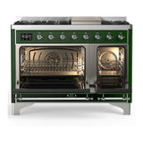 ILVE Majestic III 48-inch Dual Fuel Range with 5 Liquid Propane Burner, Griddle and Solid Door Electric Oven in Emerald Green with Chrome Trim (UM48FQNR3EGCLP)