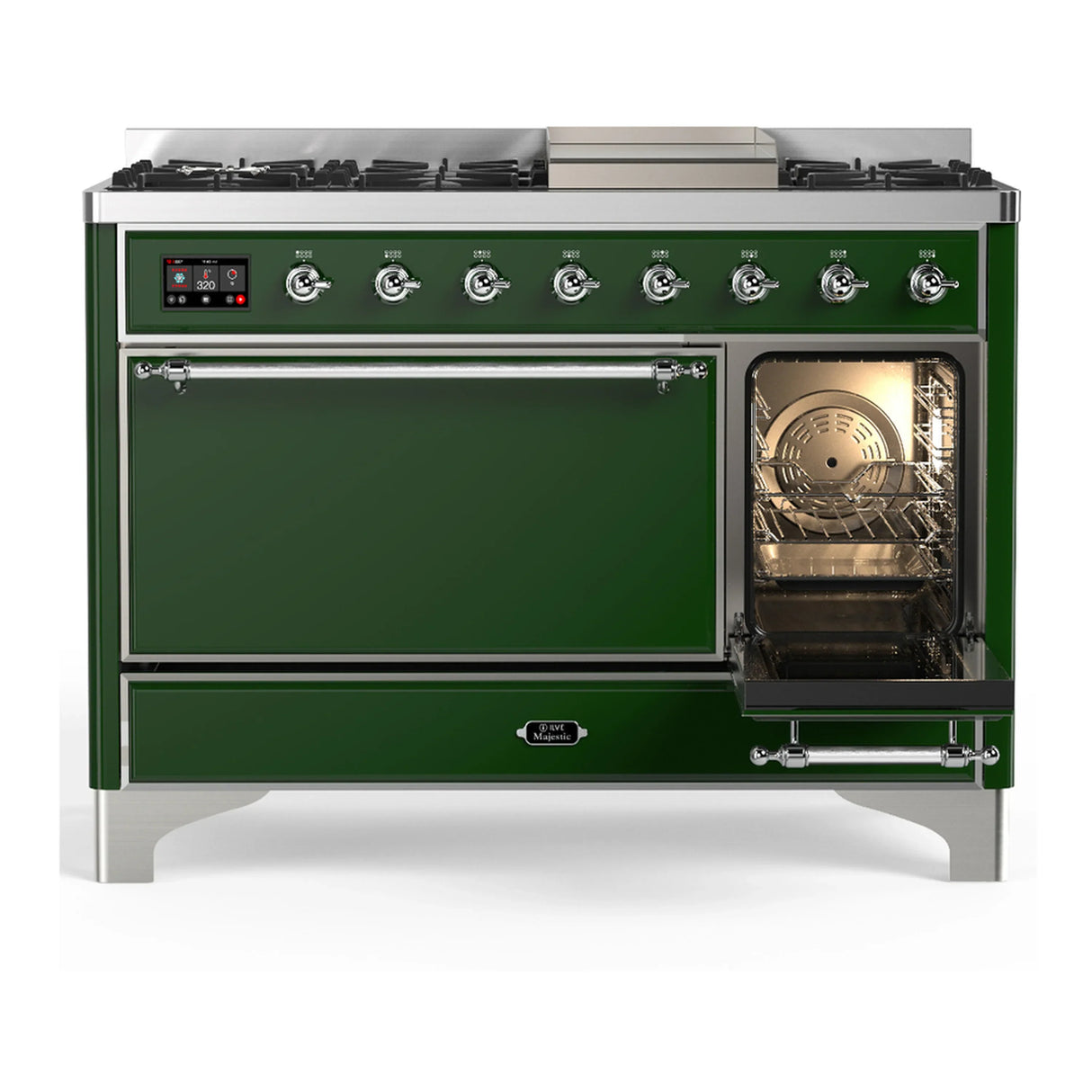 ILVE Majestic III 48-inch Dual Fuel Range with 5 Natural Gas Burner, Griddle and Solid Door Electric Oven in Emerald Green with Chrome Trim (UM48FQNR3EGC)