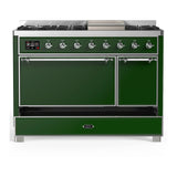 ILVE Majestic III 48-inch Dual Fuel Range with 5 Natural Gas Burner, Griddle and Solid Door Electric Oven in Emerald Green with Chrome Trim (UM48FQNR3EGC)
