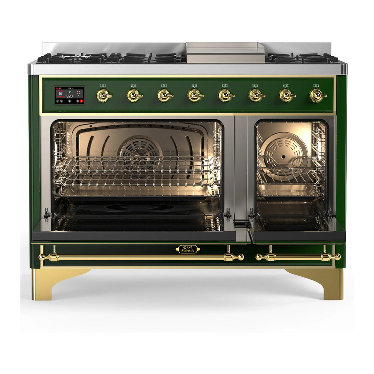 ILVE Majestic III 48-inch Dual Fuel Range with 5 Natural Gas Burner, Griddle and Solid Door Electric Oven in Emerald Green with Brass Trim (UM48FQNR3EGG)