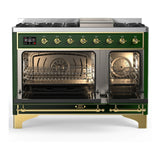ILVE Majestic III 48-inch Dual Fuel Range with 5 Natural Gas Burner, Griddle and Solid Door Electric Oven in Emerald Green with Brass Trim (UM48FQNR3EGG)