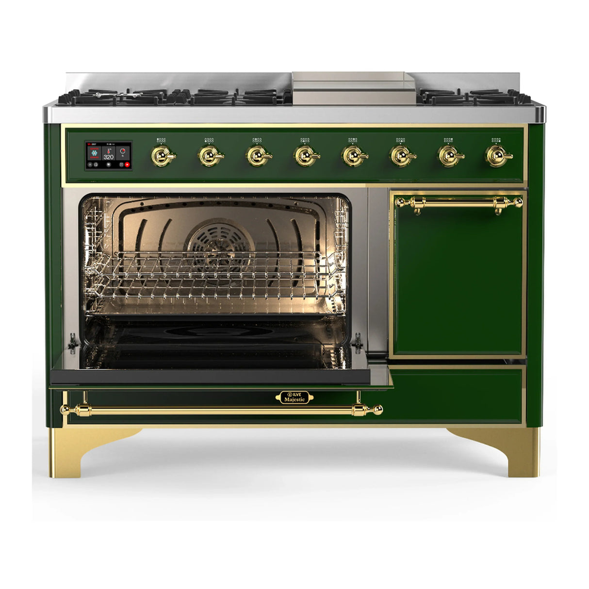 ILVE Majestic III 48-inch Dual Fuel Range with 5 Natural Gas Burner, Griddle and Solid Door Electric Oven in Emerald Green with Brass Trim (UM48FQNR3EGG)
