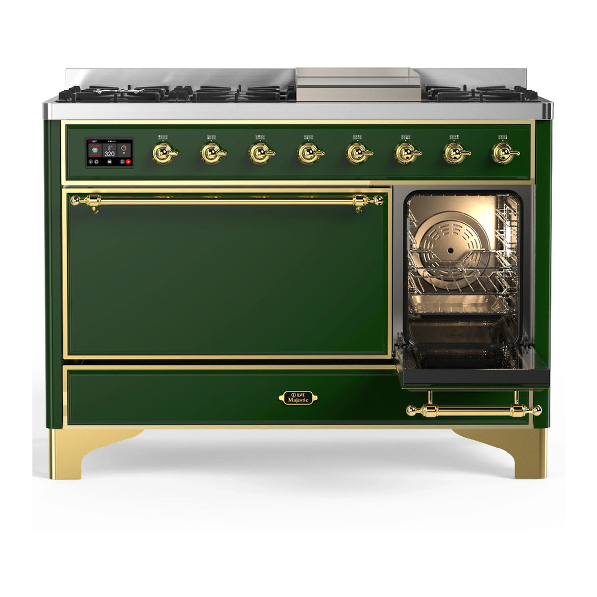 ILVE Majestic III 48-inch Dual Fuel Range with 5 Natural Gas Burner, Griddle and Solid Door Electric Oven in Emerald Green with Brass Trim (UM48FQNR3EGG)