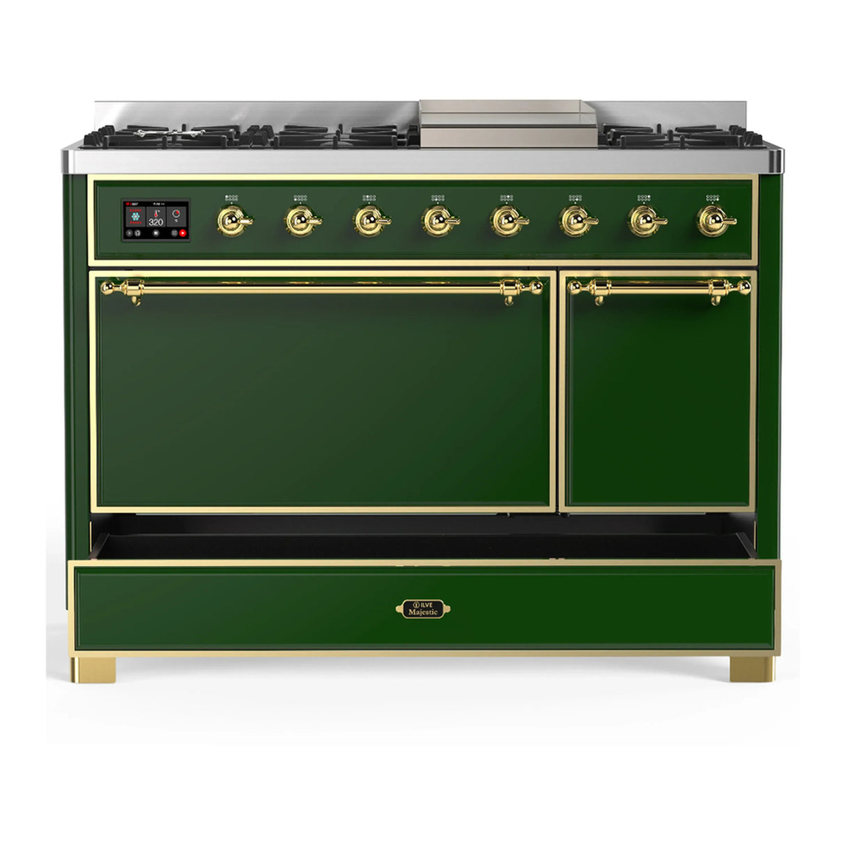 ILVE Majestic III 48-inch Dual Fuel Range with 5 Natural Gas Burner, Griddle and Solid Door Electric Oven in Emerald Green with Brass Trim (UM48FQNR3EGG)