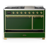 ILVE Majestic III 48-inch Dual Fuel Range with 5 Natural Gas Burner, Griddle and Solid Door Electric Oven in Emerald Green with Brass Trim (UM48FQNR3EGG)