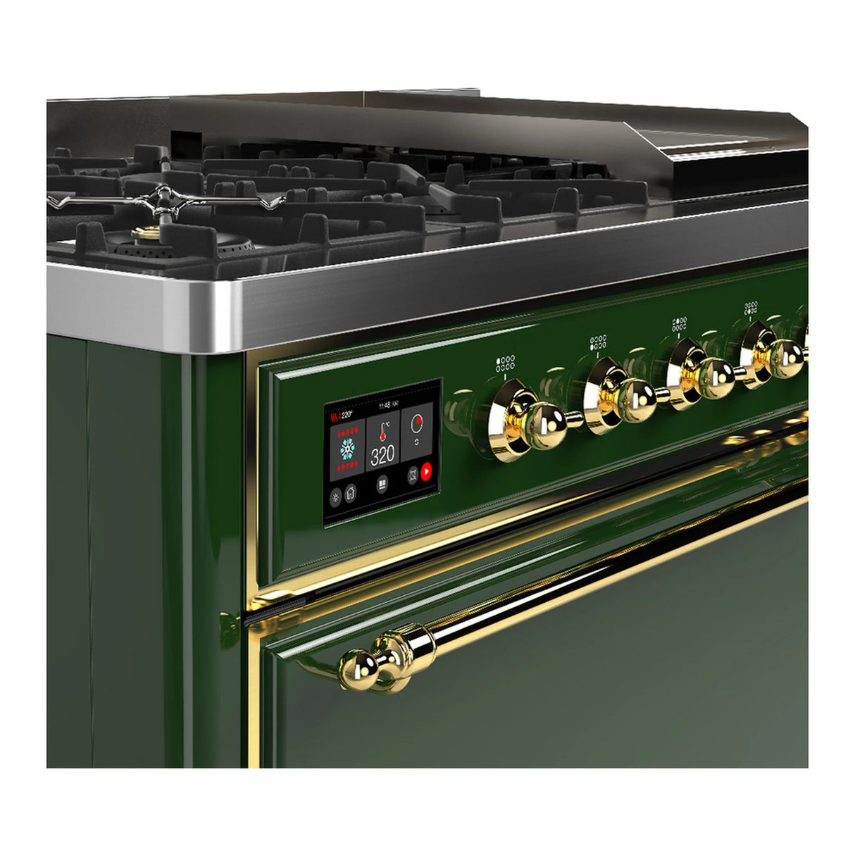 ILVE Majestic III 48-inch Dual Fuel Range with 5 Natural Gas Burner, Griddle and Solid Door Electric Oven in Emerald Green with Brass Trim (UM48FQNR3EGG)