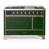 ILVE Majestic III 48-inch Dual Fuel Range with 5 Liquid Propane Burner, Griddle and Solid Door Electric Oven in Emerald Green with Copper Trim (UM48FQNR3EGPLP)