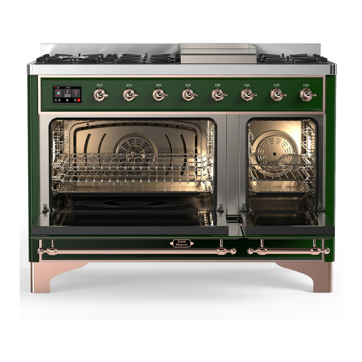 ILVE Majestic III 48-inch Dual Fuel Range with 5 Liquid Propane Burner, Griddle and Solid Door Electric Oven in Emerald Green with Copper Trim (UM48FQNR3EGPLP)