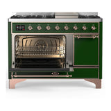 ILVE Majestic III 48-inch Dual Fuel Range with 5 Natural Gas Burner, Griddle and Solid Door Electric Oven in Emerald Green with Copper Trim (UM48FQNR3EGP)