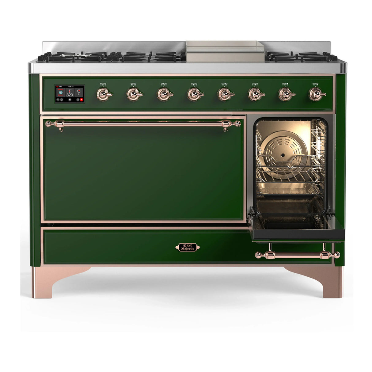 ILVE Majestic III 48-inch Dual Fuel Range with 5 Natural Gas Burner, Griddle and Solid Door Electric Oven in Emerald Green with Copper Trim (UM48FQNR3EGP)