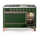 ILVE Majestic III 48-inch Dual Fuel Range with 5 Natural Gas Burner, Griddle and Solid Door Electric Oven in Emerald Green with Copper Trim (UM48FQNR3EGP)