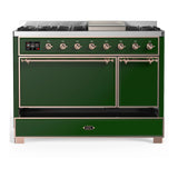 ILVE Majestic III 48-inch Dual Fuel Range with 5 Liquid Propane Burner, Griddle and Solid Door Electric Oven in Emerald Green with Copper Trim (UM48FQNR3EGPLP)