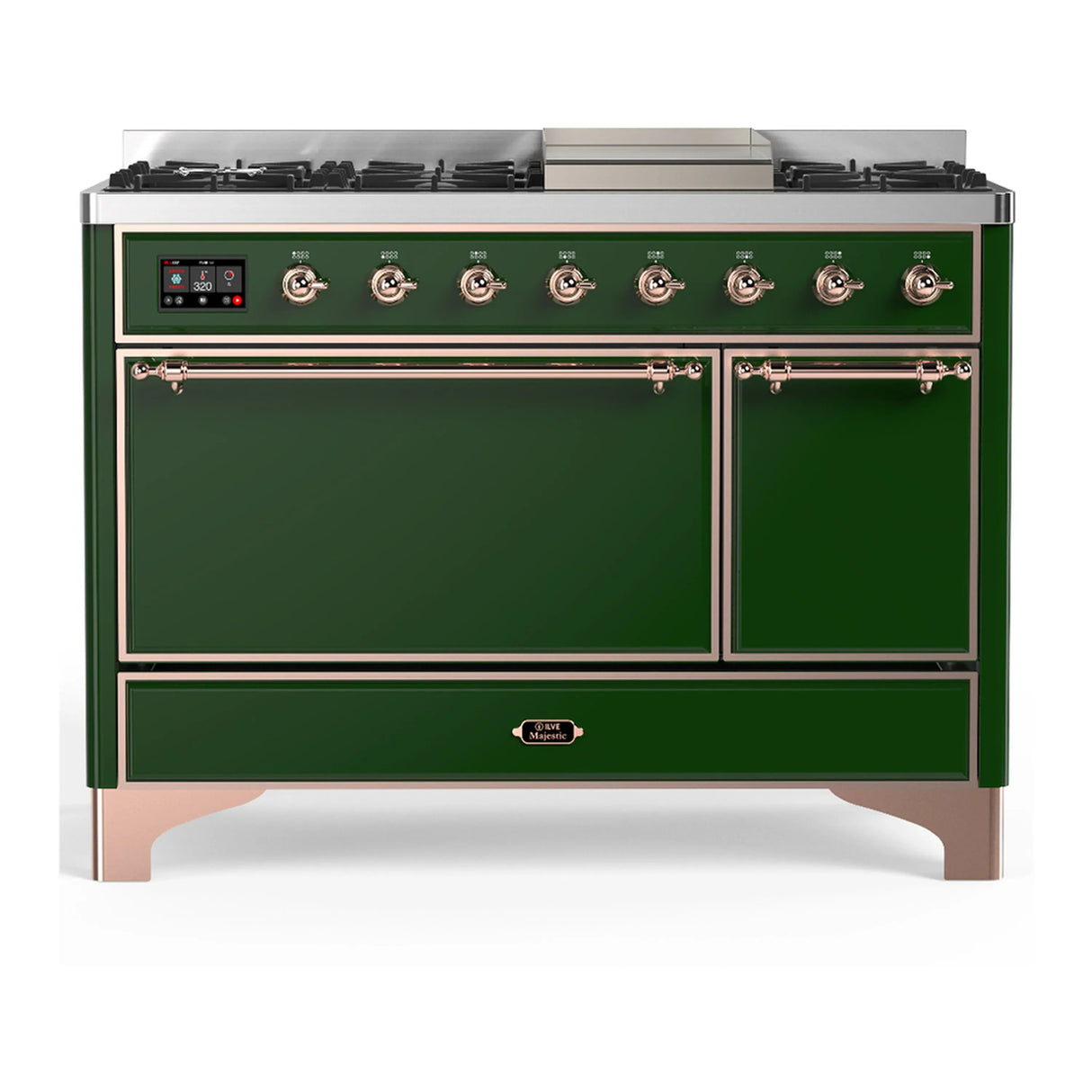 ILVE Majestic III 48-inch Dual Fuel Range with 5 Natural Gas Burner, Griddle and Solid Door Electric Oven in Emerald Green with Copper Trim (UM48FQNR3EGP)