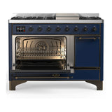 ILVE Majestic III 48-inch Dual Fuel Range with 5 Liquid Propane Burner, Griddle and Solid Door Electric Oven in Midnight Blue with Burnished Trim (UM48FQNR3MBBLP)
