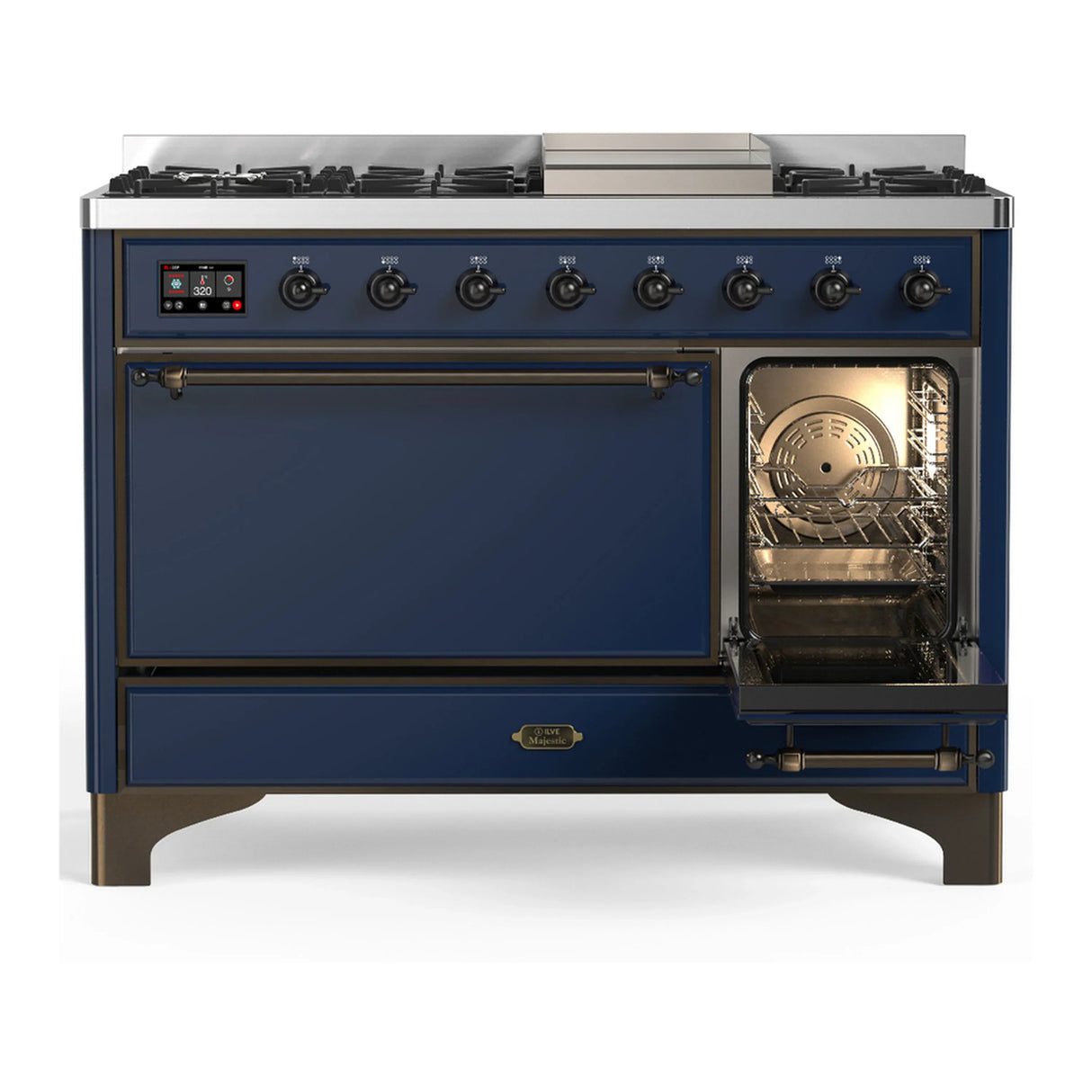 ILVE Majestic III 48-inch Dual Fuel Range with 5 Natural Gas Burner, Griddle and Solid Door Electric Oven in Midnight Blue with Burnished Trim (UM48FQNR3MBB)