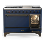 ILVE Majestic III 48-inch Dual Fuel Range with 5 Natural Gas Burner, Griddle and Solid Door Electric Oven in Midnight Blue with Burnished Trim (UM48FQNR3MBB)