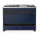 ILVE Majestic III 48-inch Dual Fuel Range with 5 Natural Gas Burner, Griddle and Solid Door Electric Oven in Midnight Blue with Burnished Trim (UM48FQNR3MBB)