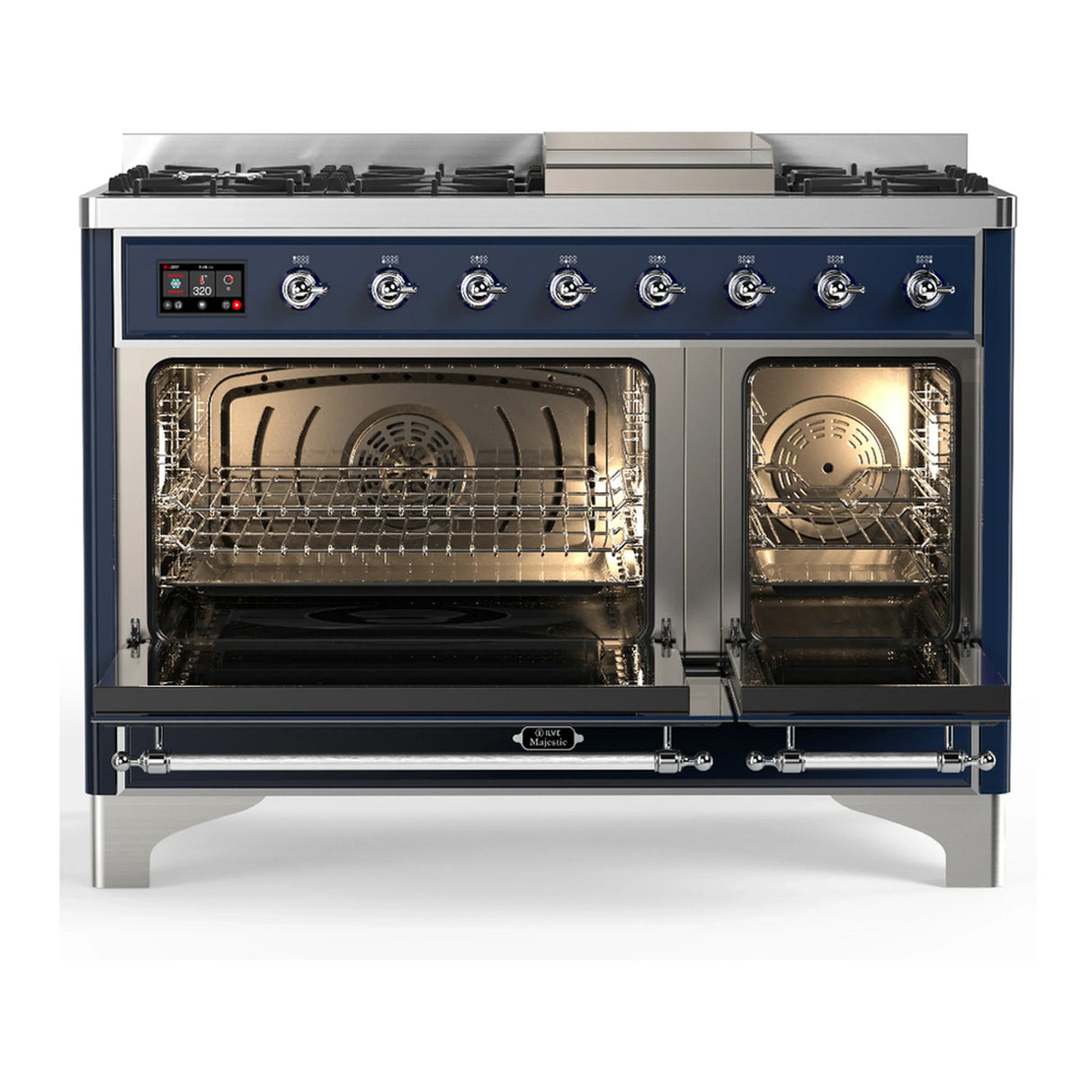 ILVE Majestic III 48-inch Dual Fuel Range with 5 Natural Gas Burner, Griddle and Solid Door Electric Oven in Midnight Blue with Chrome Trim (UM48FQNR3MBC)