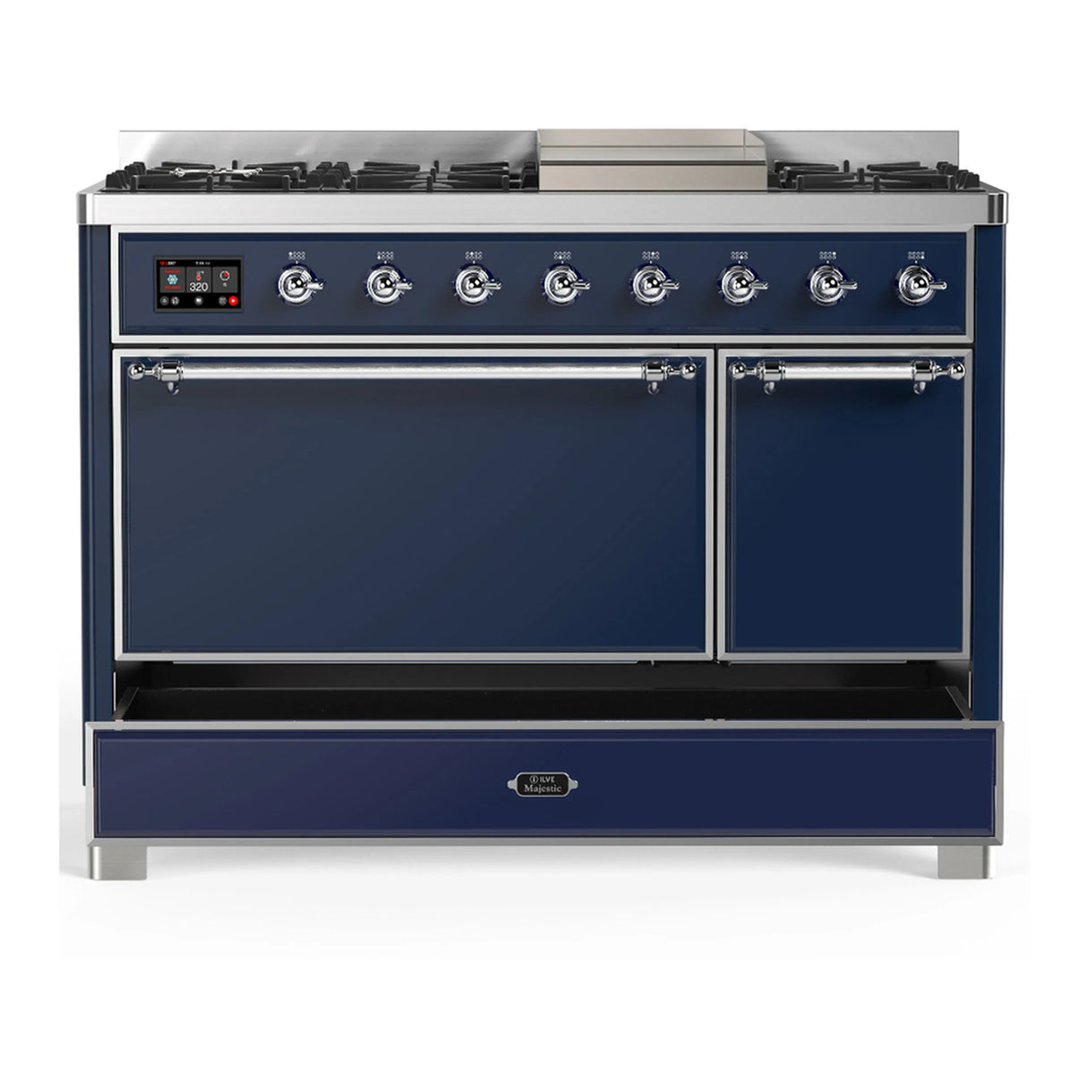 ILVE Majestic III 48-inch Dual Fuel Range with 5 Natural Gas Burner, Griddle and Solid Door Electric Oven in Midnight Blue with Chrome Trim (UM48FQNR3MBC)