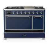 ILVE Majestic III 48-inch Dual Fuel Range with 5 Natural Gas Burner, Griddle and Solid Door Electric Oven in Midnight Blue with Chrome Trim (UM48FQNR3MBC)