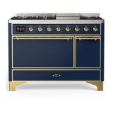 ILVE Majestic III 48-inch Dual Fuel Range with 5 Liquid Propane Burner, Griddle and Solid Door Electric Oven in Blue Grey with Brass Trim (UM48FQNR3MBGLP)