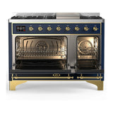 ILVE Majestic III 48-inch Dual Fuel Range with 5 Liquid Propane Burner, Griddle and Solid Door Electric Oven in Blue Grey with Brass Trim (UM48FQNR3MBGLP)
