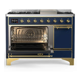 ILVE Majestic III 48-inch Dual Fuel Range with 5 Natural Gas Burner, Griddle and Solid Door Electric Oven in Blue Grey with Brass Trim (UM48FQNR3MBG)