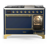 ILVE Majestic III 48-inch Dual Fuel Range with 5 Liquid Propane Burner, Griddle and Solid Door Electric Oven in Blue Grey with Brass Trim (UM48FQNR3MBGLP)