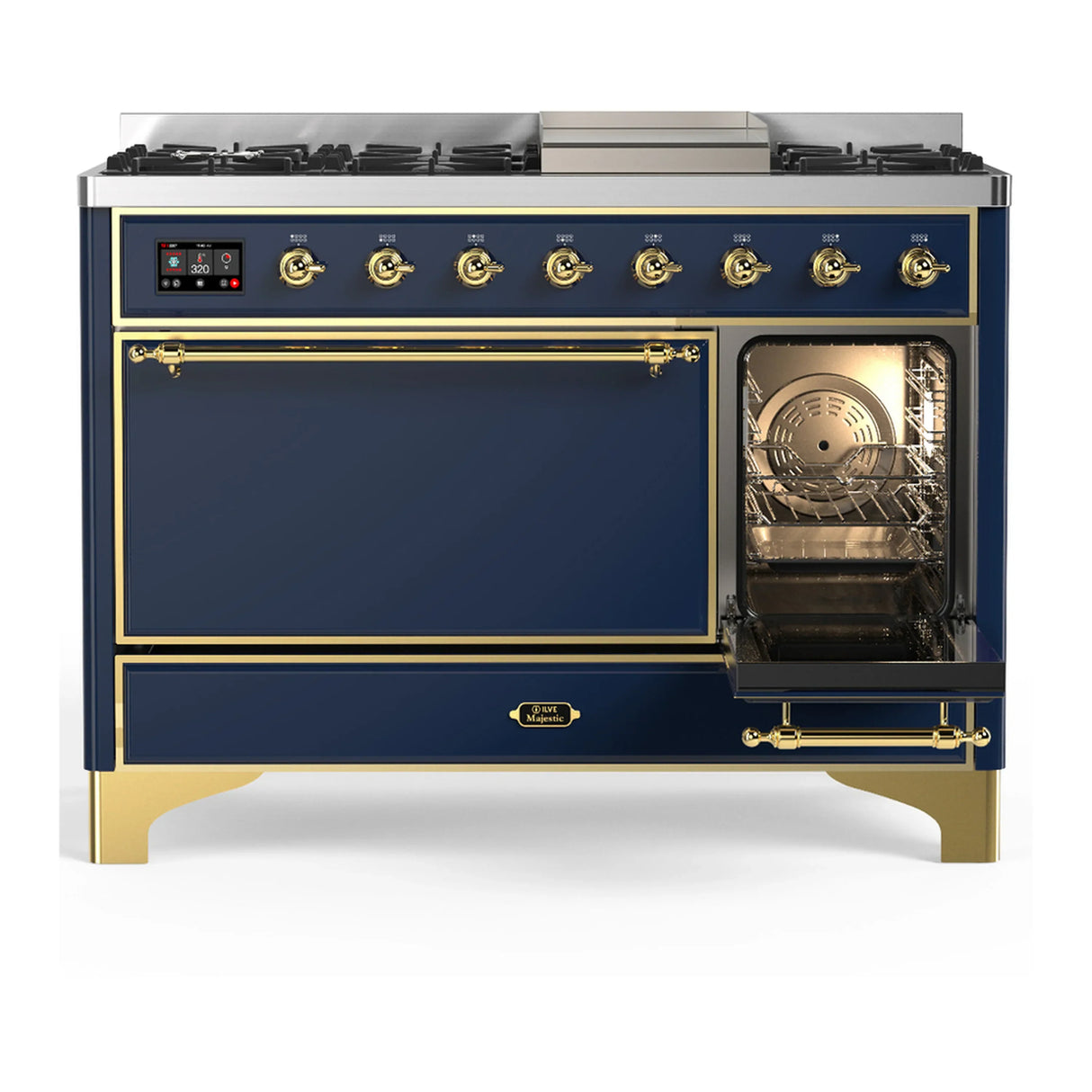 ILVE Majestic III 48-inch Dual Fuel Range with 5 Natural Gas Burner, Griddle and Solid Door Electric Oven in Blue Grey with Brass Trim (UM48FQNR3MBG)
